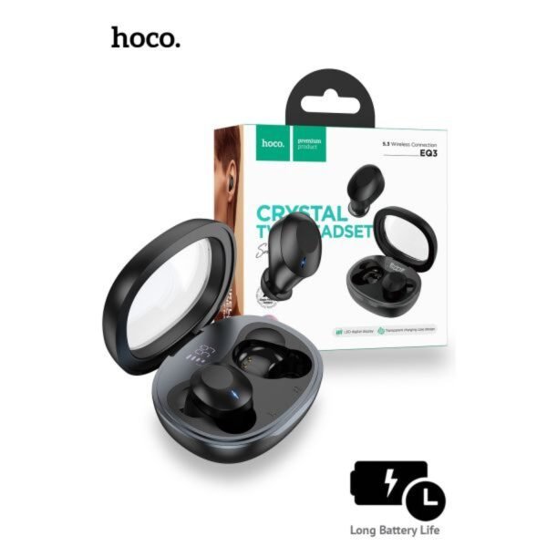 Hoco EQ3 True Wireless Earbuds – 7H Playback, Transparent Charging Case, Waterproof | Black